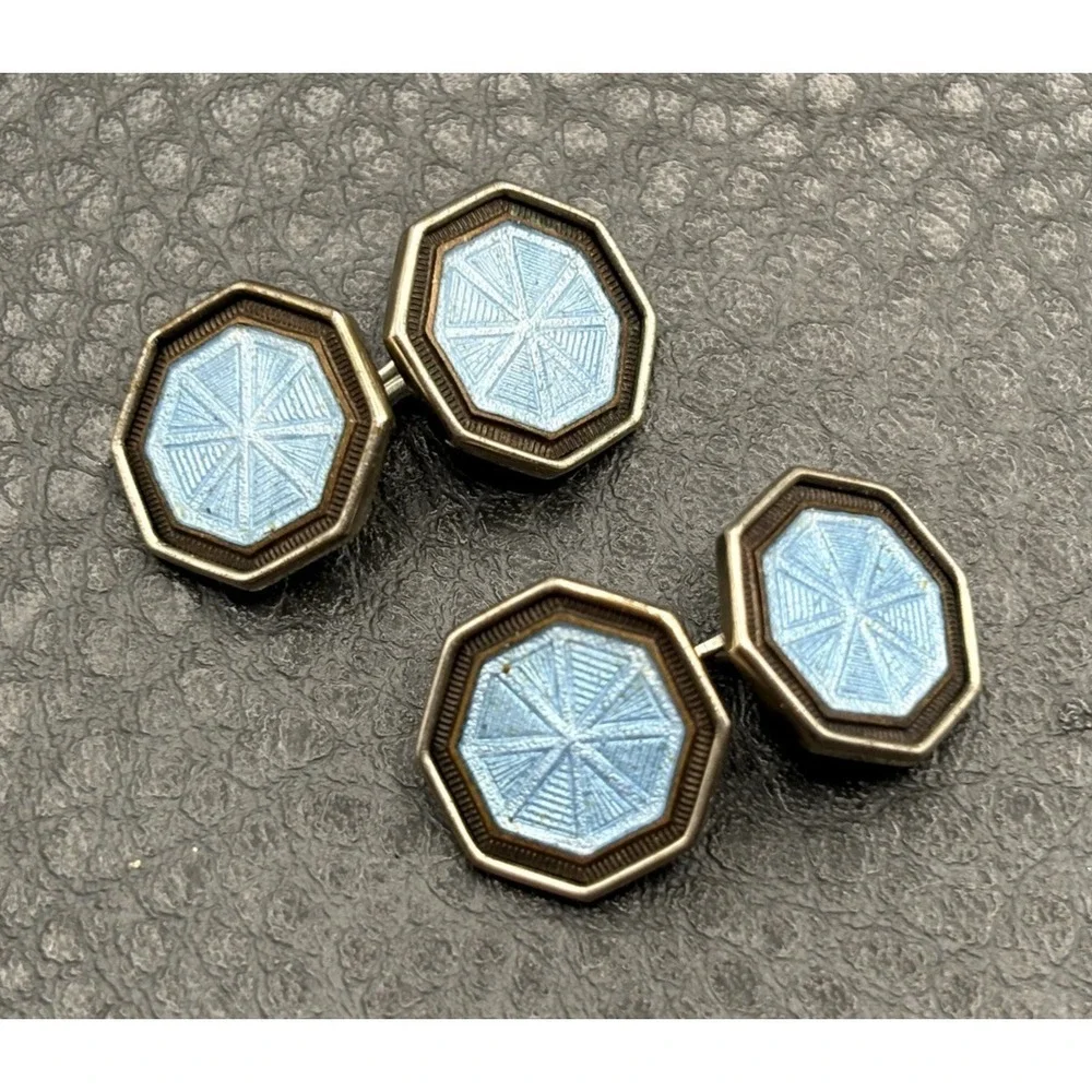 Vintage Art Deco Park Roger Silver Blue Guilloche Enamel Cufflinks